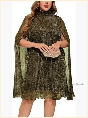 Plus Size Sparkly Cape Sleeve Short Dress High Neck Loose Fit Flowy Cocktail